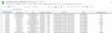 Google sheet leads pompe à chaleur